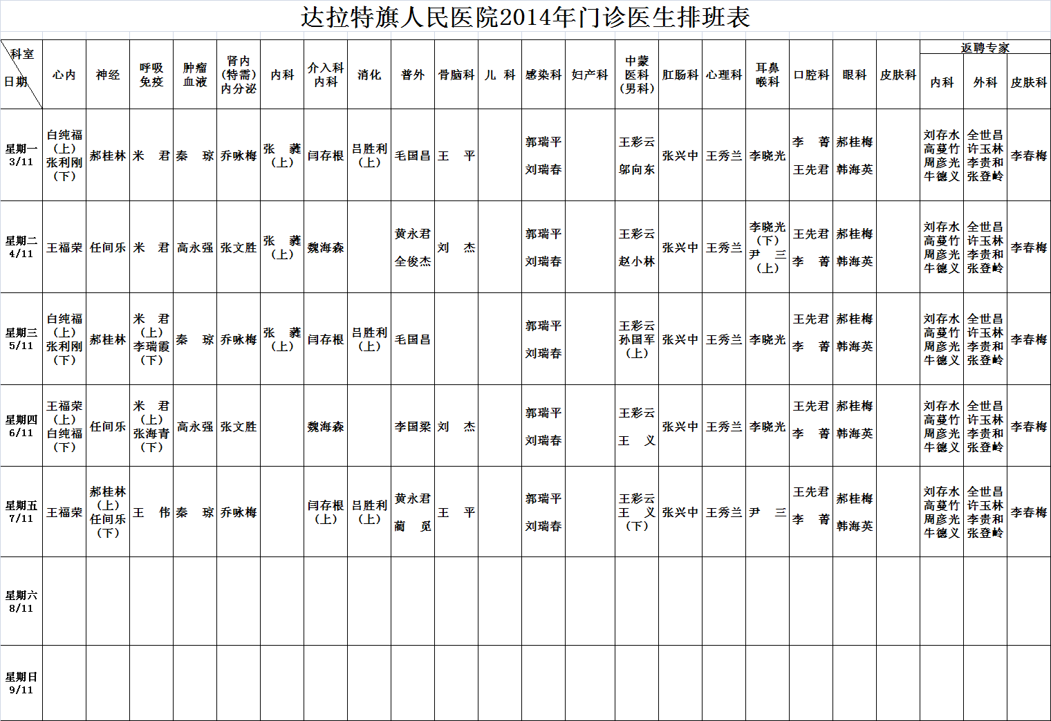 医院医生排班表